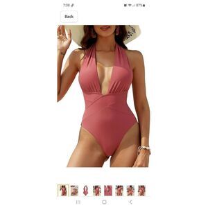 6 Zaful Pink Brick Red Halter Neck Deep Plunge One Piece Swimsuit Bathing Suit